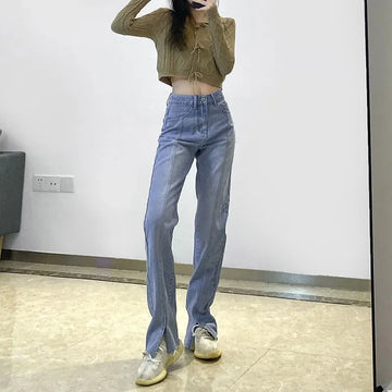 MQTIME  -  Fall Winter New Style High Waist Fashion Split Vintage Striped Jeans Women Blue Zipper Pants Female Korean Solid Trouser